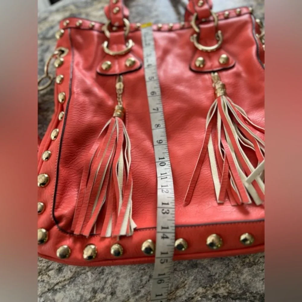 Coral Orange Vegan Leather Gold Studded Oversized Tote Bag With Adjustable Strap - Picture 15 of 16
